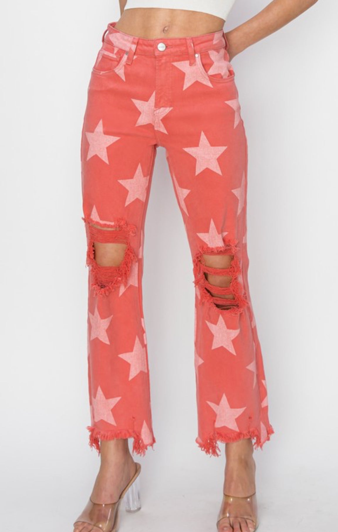 Peach Blossom Star Pattern Distressed Jeans - Size 11
