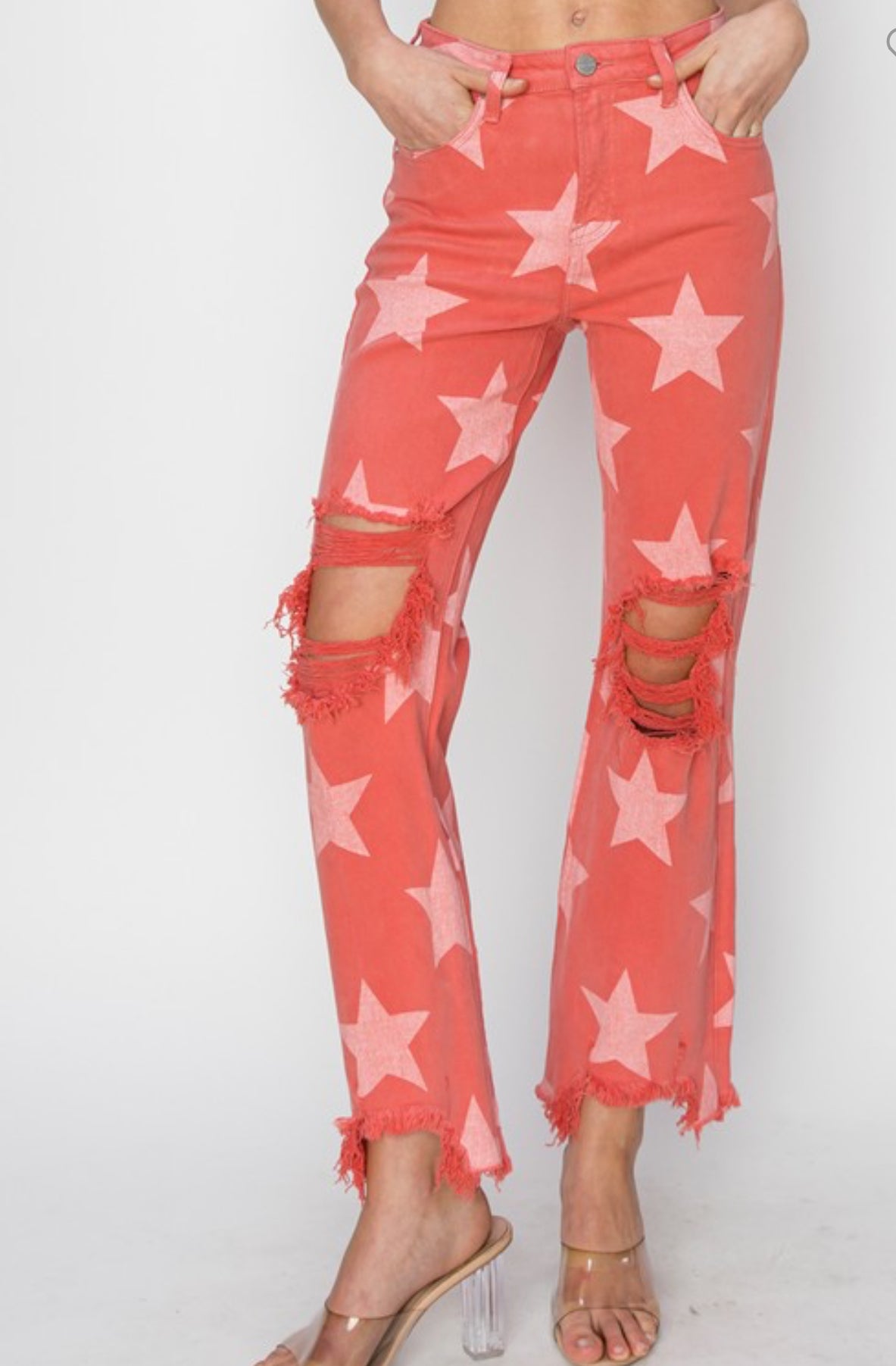 Peach Blossom Star Pattern Distressed Jeans - Size 11
