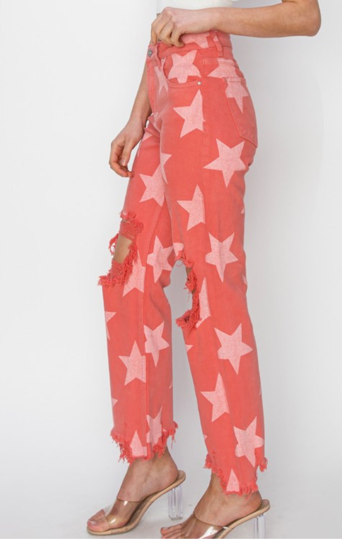 Peach Blossom Star Pattern Distressed Jeans - Size 11