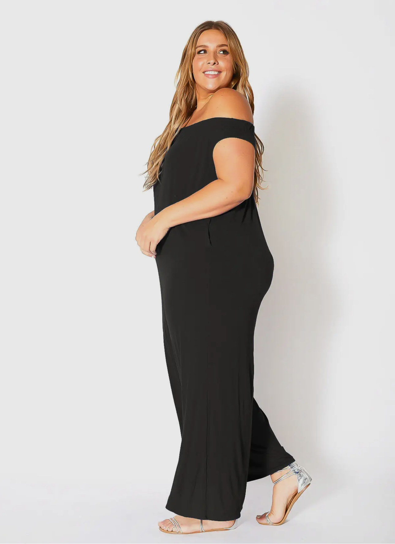 Plus Size Black off Shoulder Wide Leg Jumpsuit - 3X