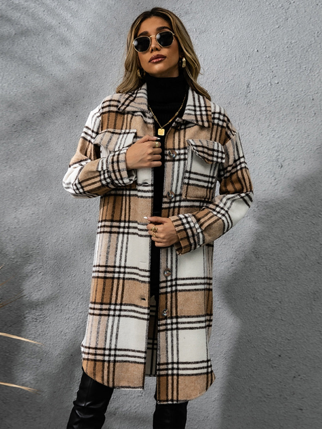 Plaid Collared Neck Long Sleeve Coat