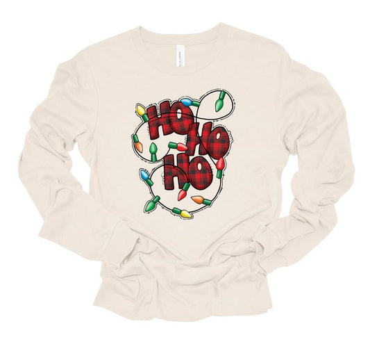 Ho Ho Ho Christmas Lights Crew Neck LS Tee