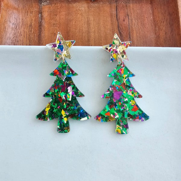 Christmas Tree Earrings - Green Sparkle