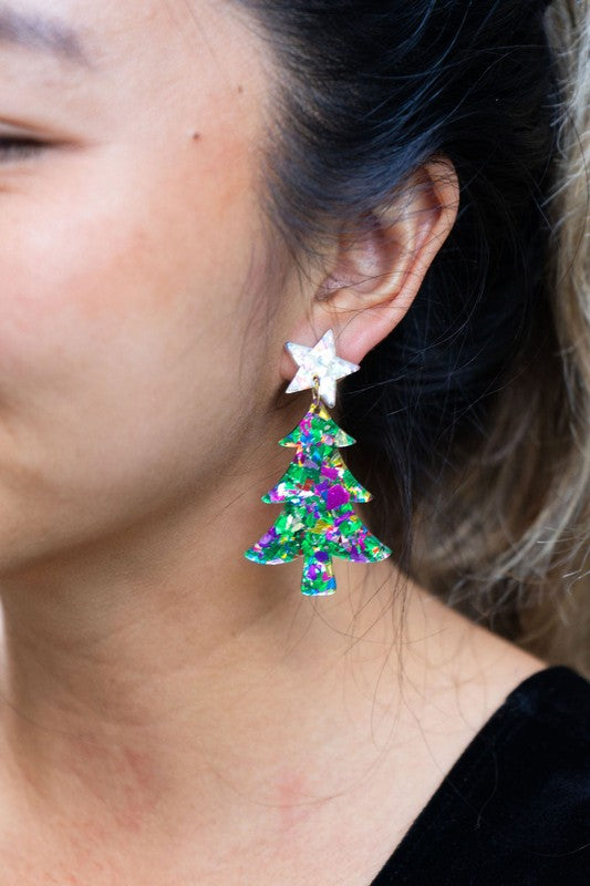 Christmas Tree Earrings - Green Sparkle