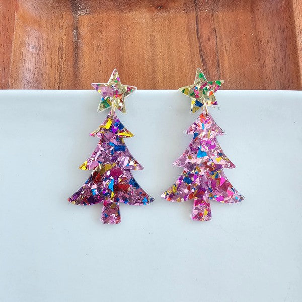 Christmas Tree Earrings - Light Pink Sparkle