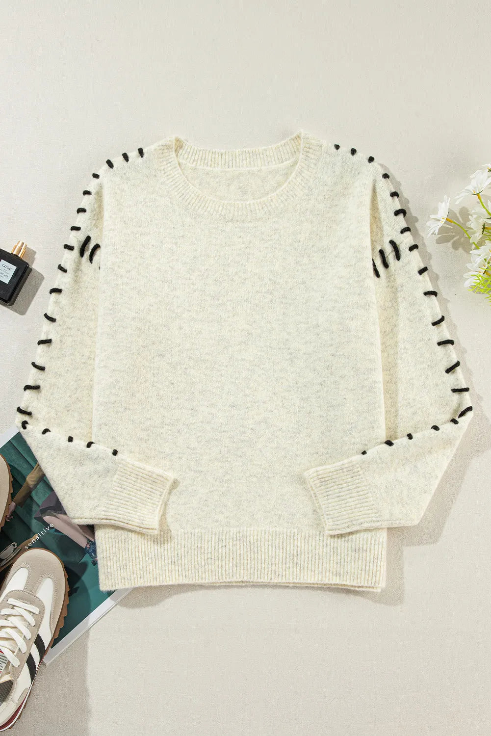 Contrast Round Neck Long Sleeve Sweater