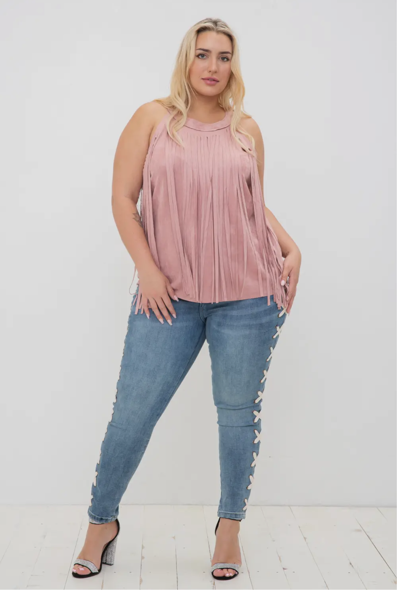 Plus Size Mauve Sleeveless Fringe Top - 1X