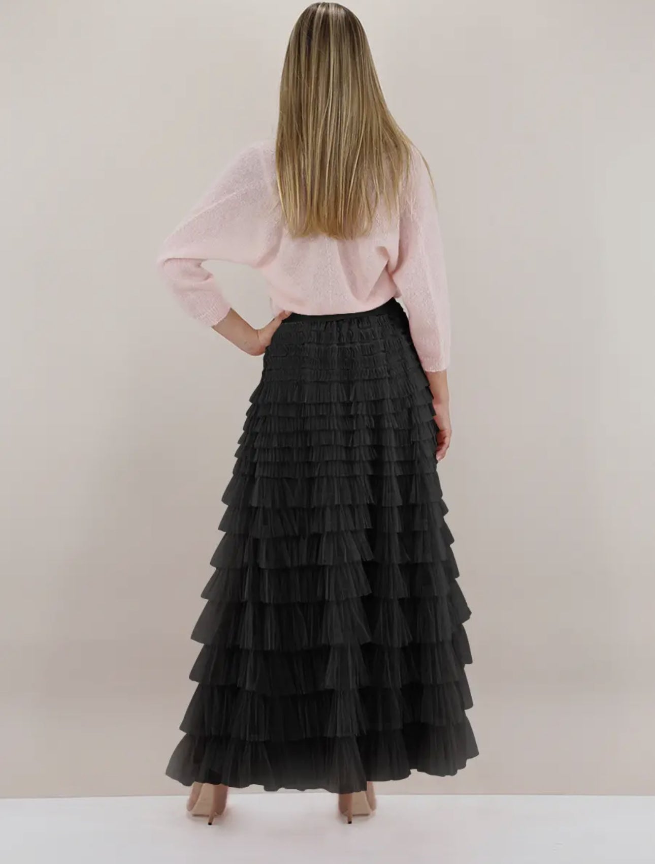 Black Ruffle Tulle Maxi Skirt - Large