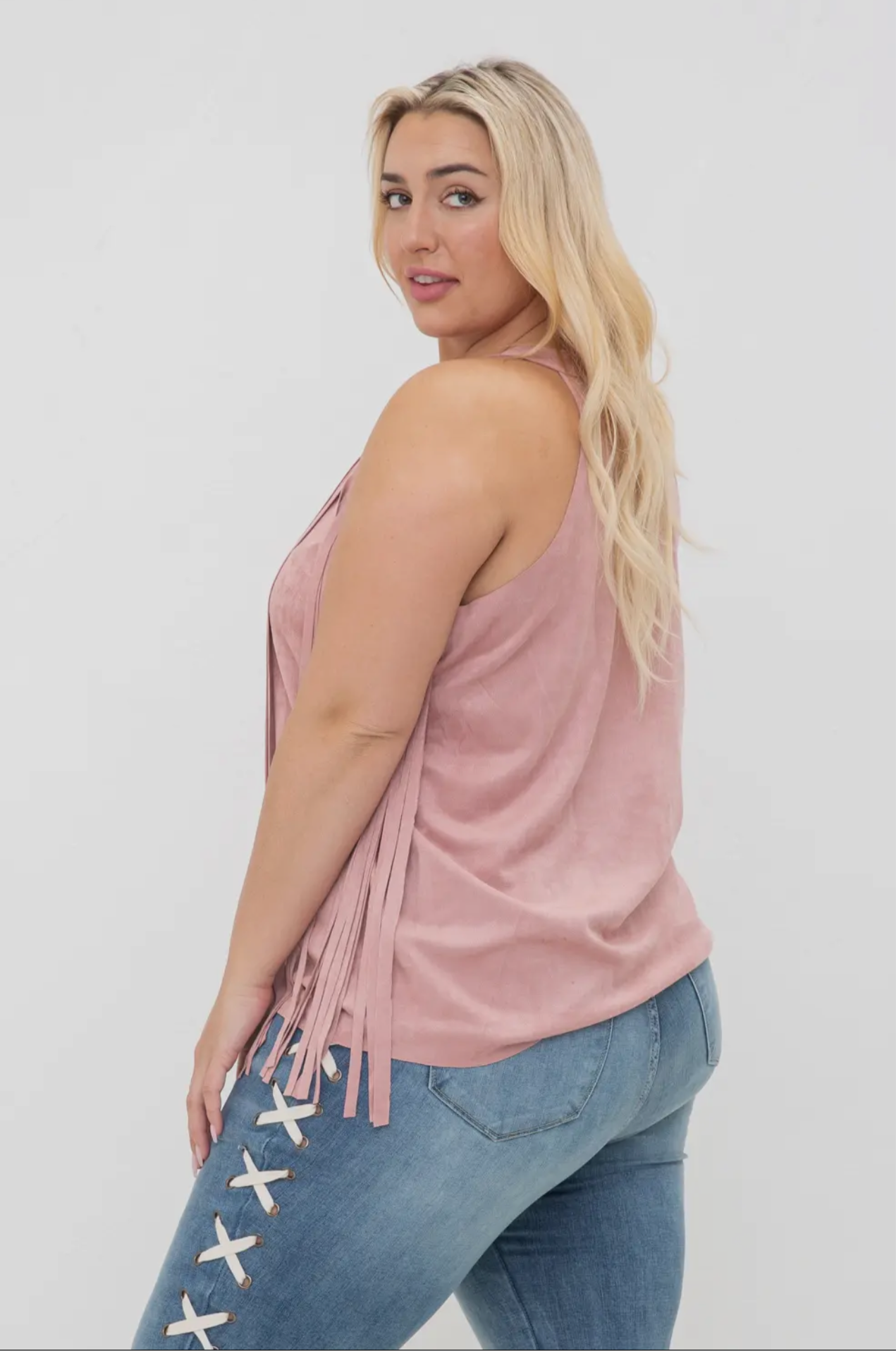 Plus Size Mauve Sleeveless Fringe Top - 1X