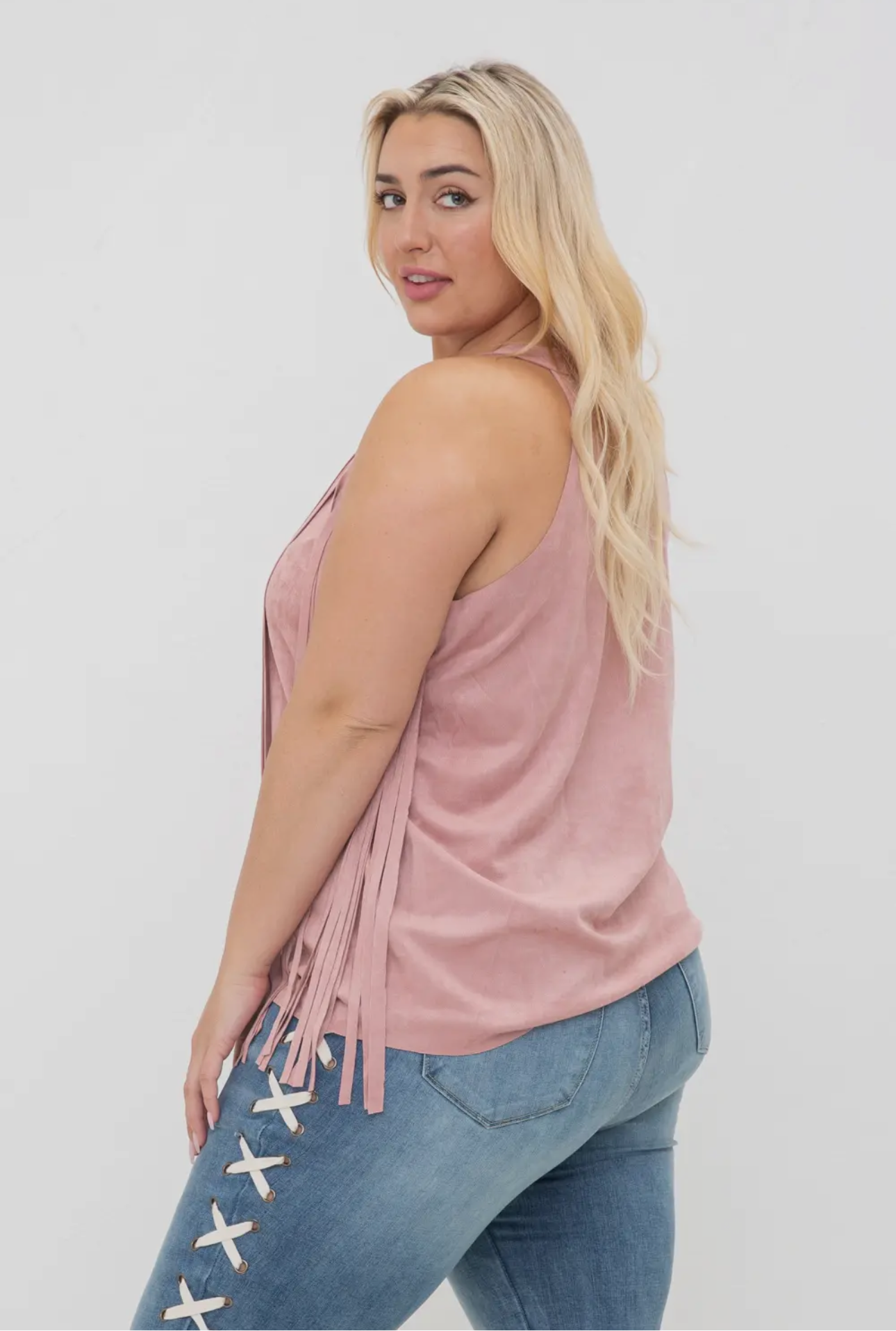 Plus Size Mauve Sleeveless Fringe Top - 1X