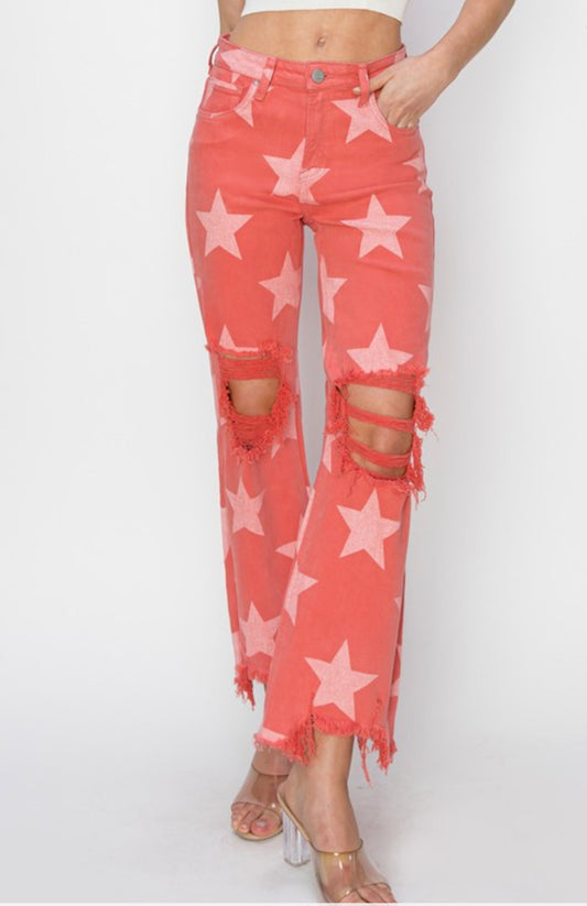 Peach Blossom Star Pattern Distressed Jeans - Size 11