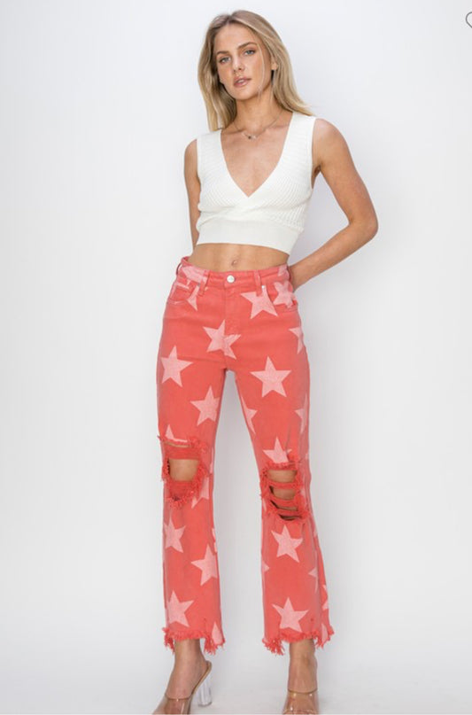 Peach Blossom Star Pattern Distressed Jeans - Size 11