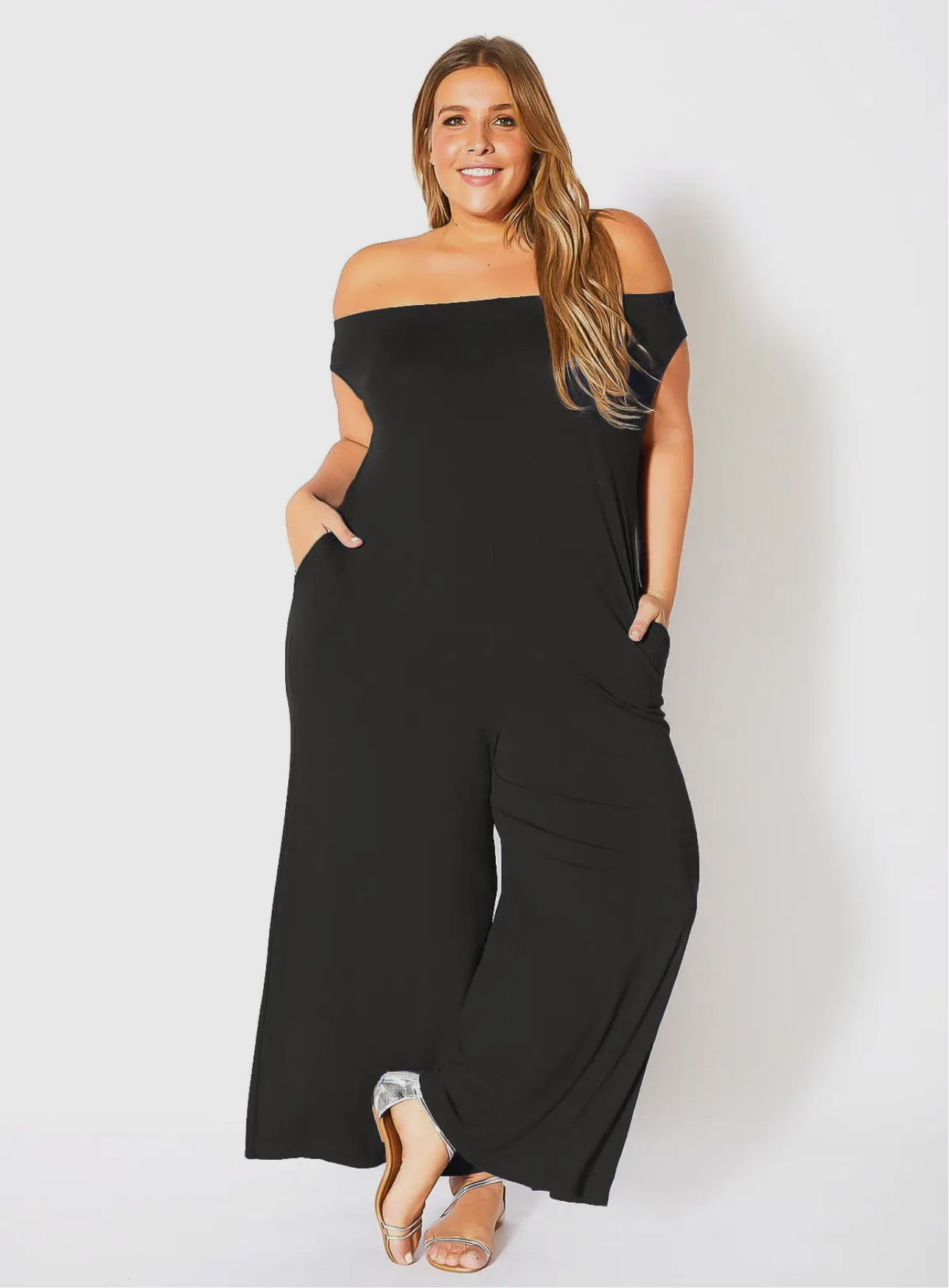 Plus Size Black off Shoulder Wide Leg Jumpsuit - 3X