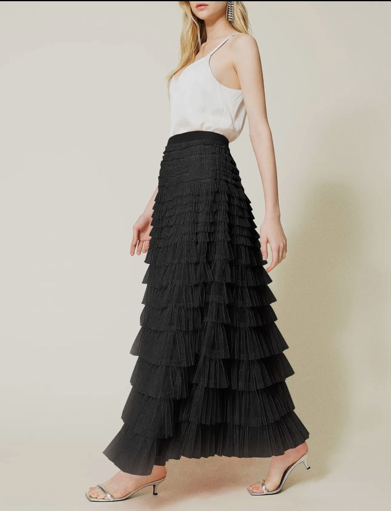 Black Ruffle Tulle Maxi Skirt - Large