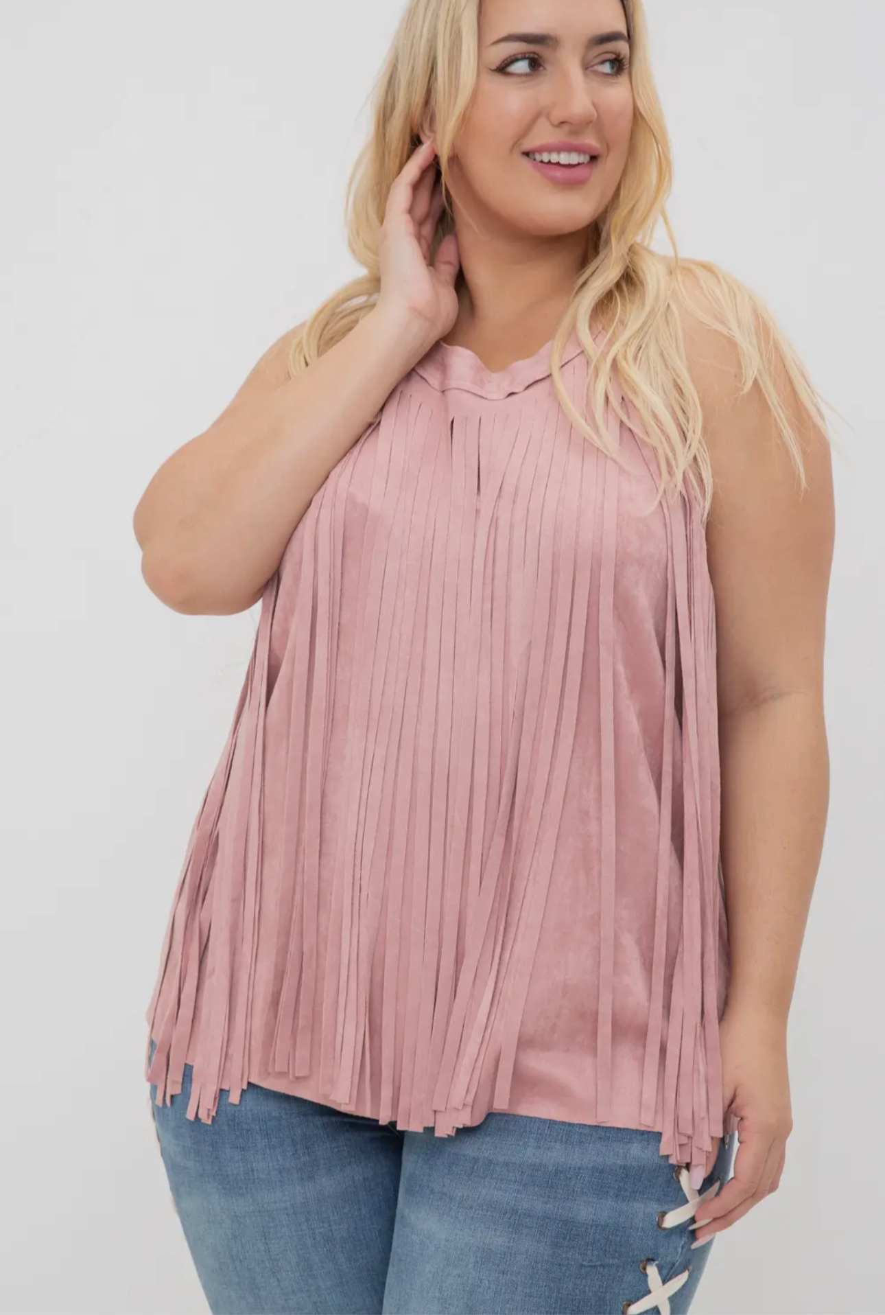 Plus Size Mauve Sleeveless Fringe Top - 1X