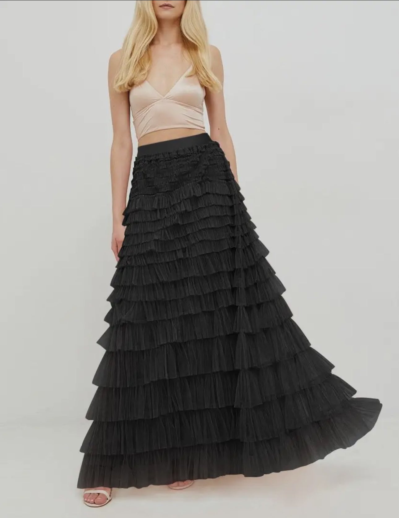 Black Ruffle Tulle Maxi Skirt - Large