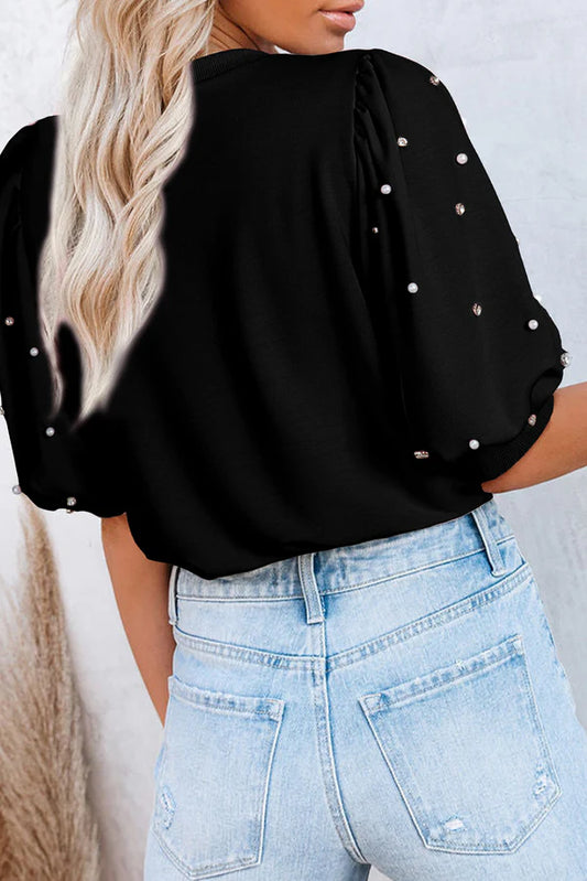 Black Rhinestone Pearl Puff Sleeve Top